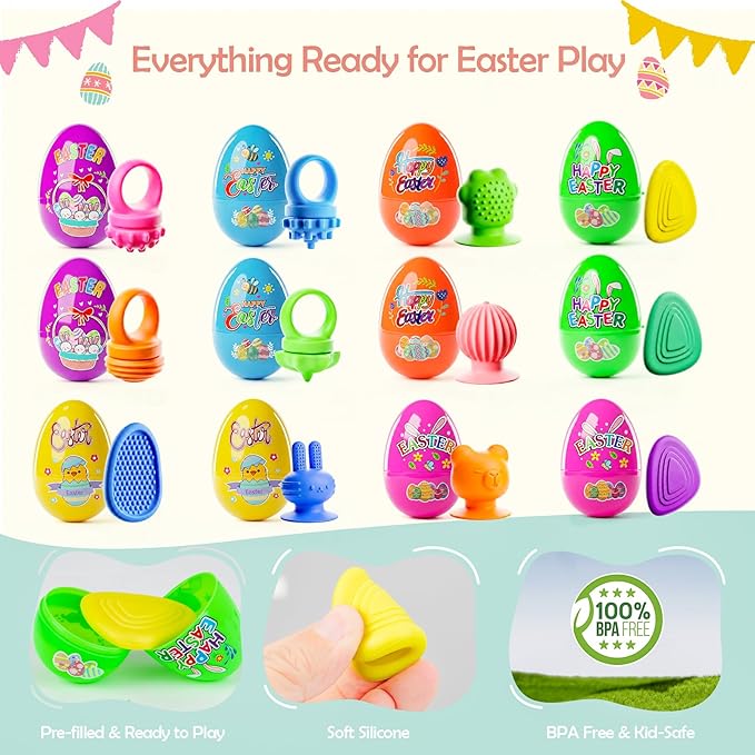 Easter Basket Stuffers, Prefilled Easter Eggs with Quiet Sensory Fidgets, Textured Stone & Suction Toys & Spinner Ring for Kids Calming, Autism Anxiety Tools Classroom Prizes (12 PCS)