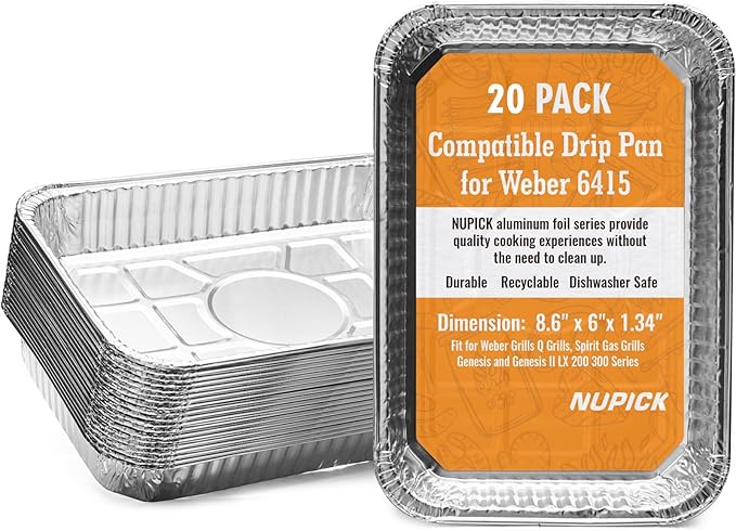 NUPICK 20 Pack 6415 Drip Pans Compatible for Weber Spirit Series, Genesis Series, Q Series Grills, Disposable Aluminum Foil Grease Trays, 8.5" x 6"