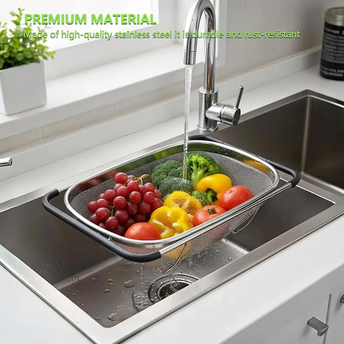 Over Sink Expandable Colander - Collapsible Fine Mesh Strainer Basket with Non-Slip Extendable Silicone Grip, Stainless Steel Kitchen Accessories for Rinsing Pasta, Rice, Fruits & Vegetables