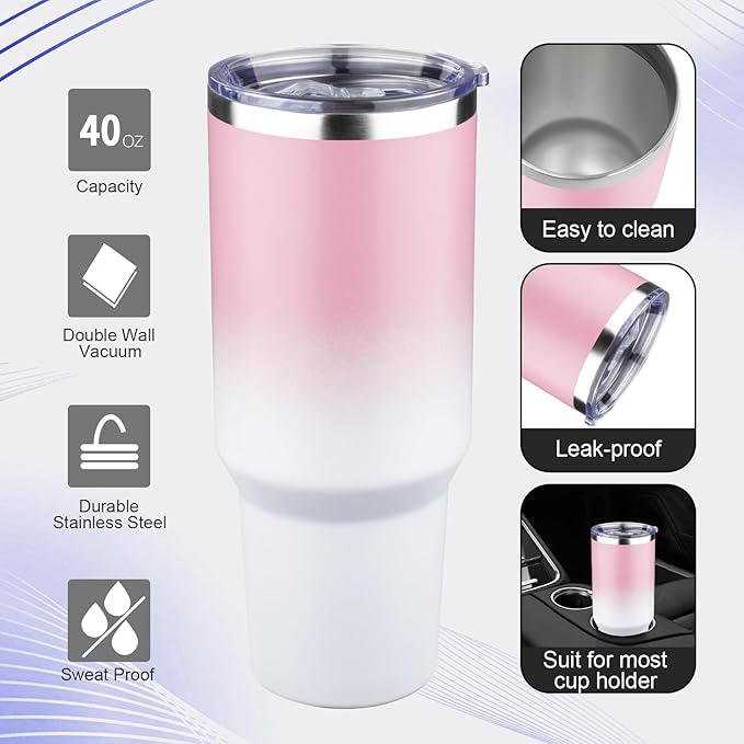 40 oz Tumbler with Lids and Straws Double Wall Vacuum Insulated Tumbler Cup,Stainless Steel Leak-proof Thermal Tumbler Powder Coated Travel Coffee Mug for Cold and Hot Drinks,Pink White