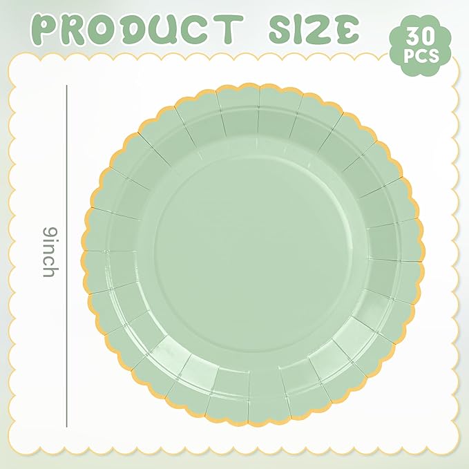 30 Pcs Sage Green Paper Plates, 9 Inch Easter Plates Sage Green Dessert Plates with Gold Scalloped Edge, Disposable Baby Shower Dinner Plates Party Supplies for Baby Shower, Wedding, Birthday
