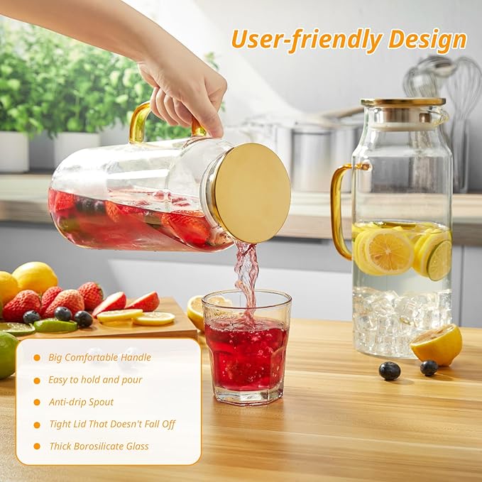 2 Pack 2 Liter 68 oz Glass Pitcher with Lid and Handle, Gold Glass Carafe for Fridge, Water Pitcher for Hot/Cold Water, Large Jug for Iced Tea, Coffee, Juice and Homemade Beverage
