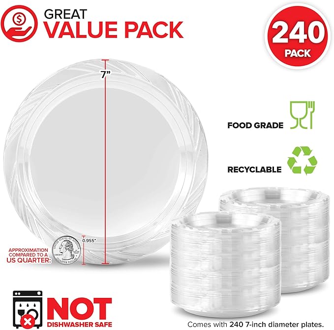 Stock Your Home 240-Count, 7 Inch Clear Plastic Plates, Flexible, Disposable Heavy Duty Party Dinner Plate, for Wedding Reception, Holiday Parties, Cake, Dessert, Appetizers, Salad, Medium Size