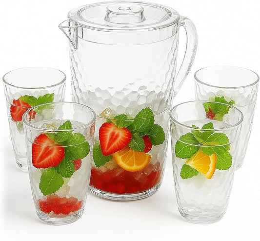 84 oz Crystal-Clear Pitcher with 4 Tumblers Set, BPA-Free Food-Grade Jug with 3-Position Lid & Spout – Large Beverage Pitcher for Party, Iced Tea, Lemonade, Sangria, Fridge-Clear