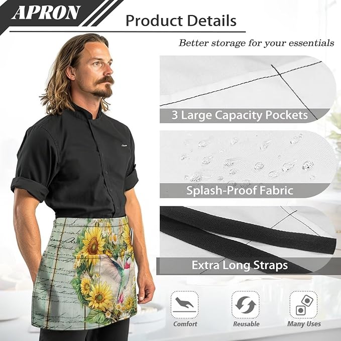 Server Waitress Waist Apron with 3 Pockets, Short Aprons for Servers,Waiter Apron For Waiter Accessories