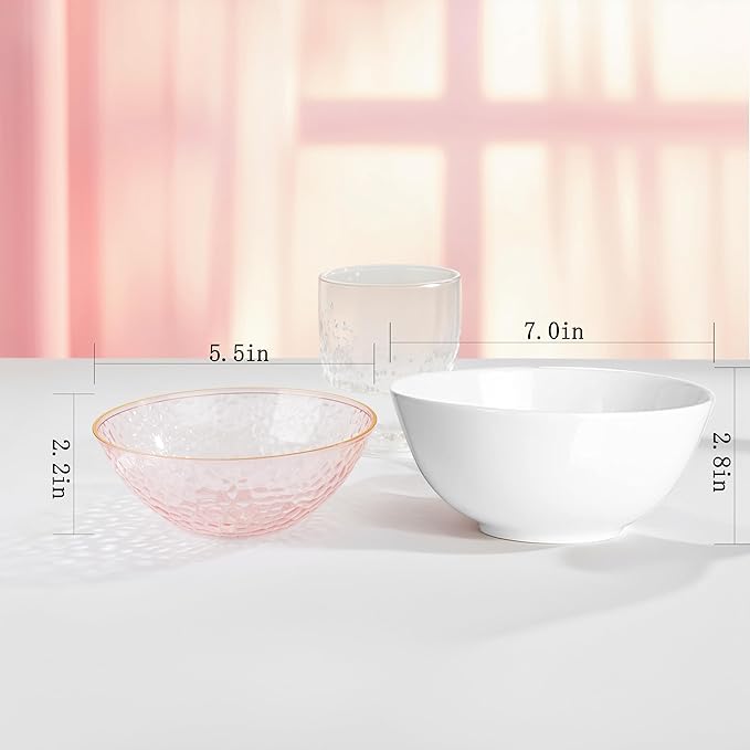 I00000 20 Pack 12 Ounce Pink Plastic Bowls Hammered Gold Rimmed Crystal Like, Heavy duty Disposable Bowl Set,Elegant Soup/Salad/Dessert/Ice Cream Small Bowls for Party Weddings
