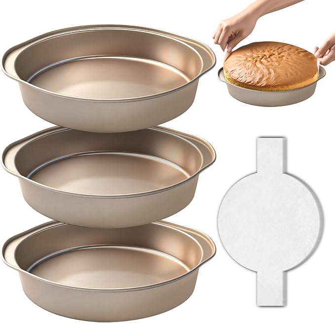 8 Inch Cake Pan, 3PCS Nonstick Round Baking Pans with 50PCS Parchment Papers, Durable Birthday Circle Cake Baking Pan with Handle for Multi-Layer Cakes, Dishwasher Safe