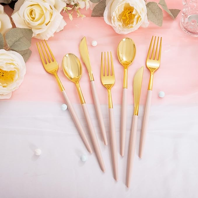 Rubtlamp 90Pcs Gold Plastic Silverware, Fancy Easter Utensils Set With Pink Handles Include 30 Gold Knives, 60Plastic Forks and Spoons, Pink Silverware Heavy Duty For Mother's Day