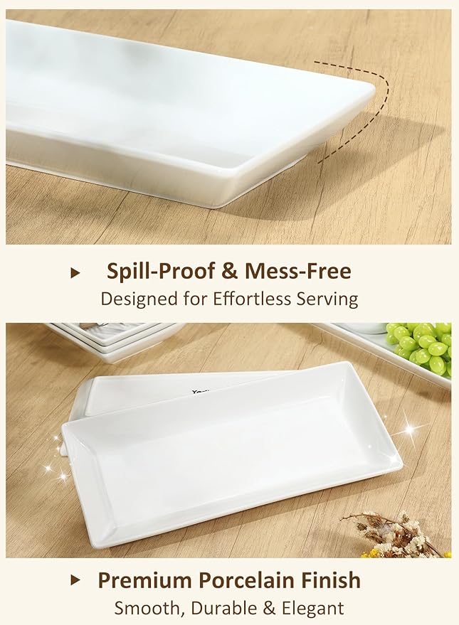 Yedio 14” White Porcelain Serving Platters, Elegant Large Rectangular Plates Trays for Dinner Parties, Appetizers, Sushi, Desserts & More, Microwave & Dishwasher Safe, Set of 4