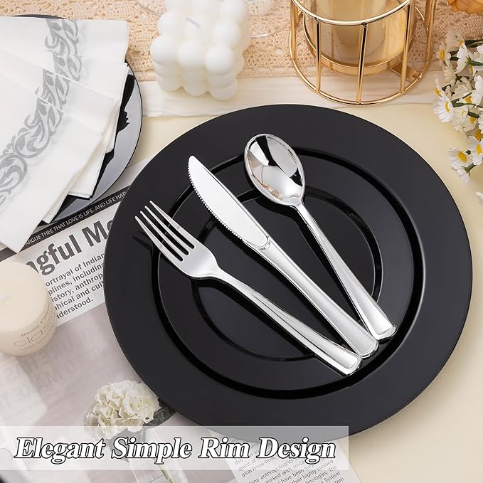 BESTSTAR 100PCS Black Plastic Plates Set, 50 10.25 inch Dinner Plates and 50 7.5 inch Dessert Plates, Premium Disposable Plates for Party, Wedding