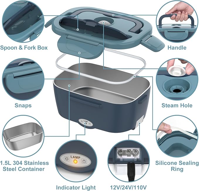 Electric Lunch Box Food Heater 80W Heated Lunch Box for Adults 12V 24V 110V 220V Portable Food Warmer LunchBox Lonchera Eléctrica Portátil for Car Truck Work Driver Valentine's Gift for Men Women