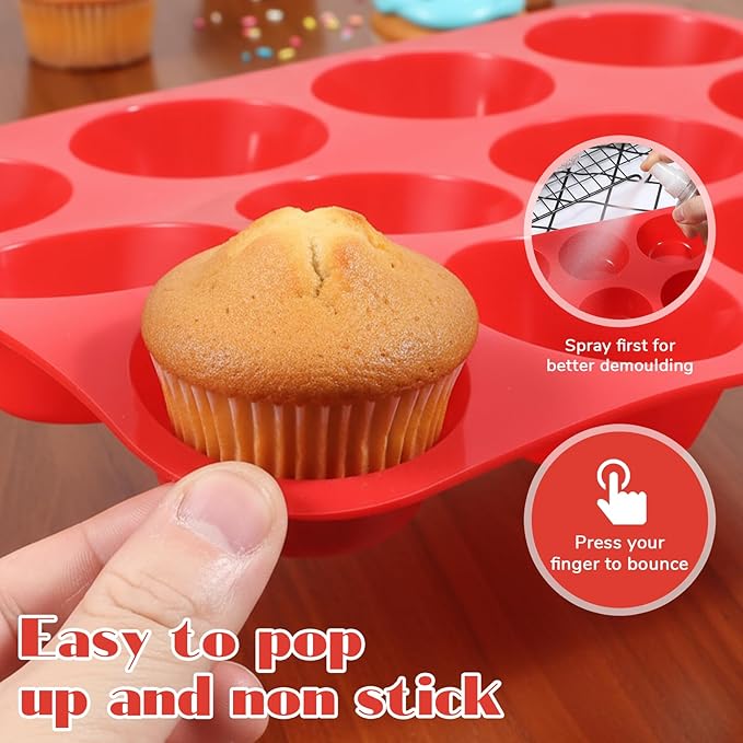 3 Pcs Silicone Muffin Pan Set, Silicone Muffin Pans for Baking Red 24/12/6 Cups Mini/Regular/Jumbo Non-Stick Cupcake Pan for Kitchens, Restaurants, Bakeries
