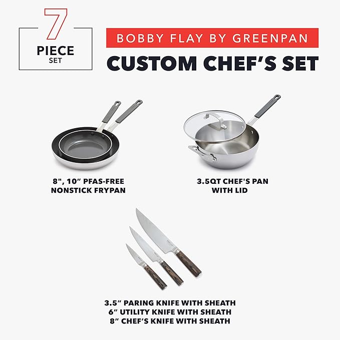 GreenPan x Bobby Flay Stainless Steel 3.75QT Saucepan with Glass Lid, 8” and 10” Frying Pan Skillet Set and 3-Piece Knife Set, Professional Grade Tri-Ply, Stainless Steel Blades, Induction Suitable