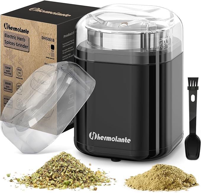 Herb Grinder Spice Grinder, 200 w Herb Grinder with Stainless Steel Blade and Cleaning Brush, Compact Size Electric Grinder for Herbs and Spices -5.11in (Black)