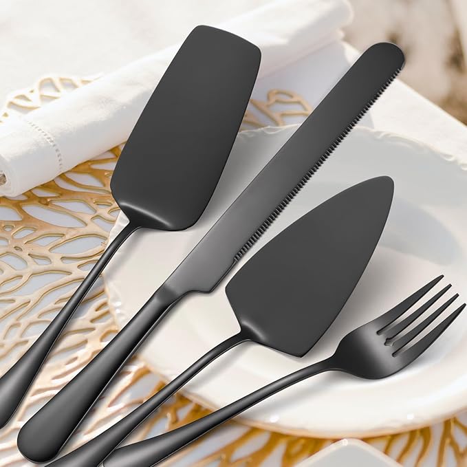 A · HOUSEWAR Black Flatware Serving Set 7 Piece Stainless Steel Catering Utensils include Soup Ladle Large Slotted Spoon Big Server Fork12” Cake Knife Pizza Spatula Parties Buffet