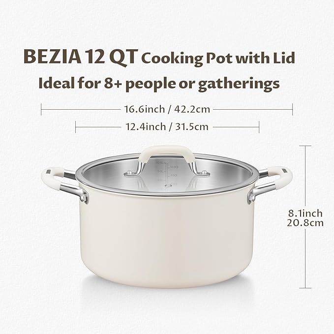 12 Quart Nonstick Stock Pot with Lid, BEZIA Fully-Clad 3-Ply Stainless Steel Pots, Induction Soup Pot with Lid, Kitchen Cooking Pots with Silicone Handle, for All Cooktops, Free of PTFE/PFOA/PFOS