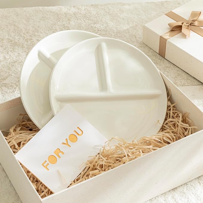 Sweese 9 Inch Porcelain Divided Dinner Plates Set of 2 – Encourage Healthy Eating with Portion Control Design, Durable, Microwave Dishwasher Safe, Ideal for