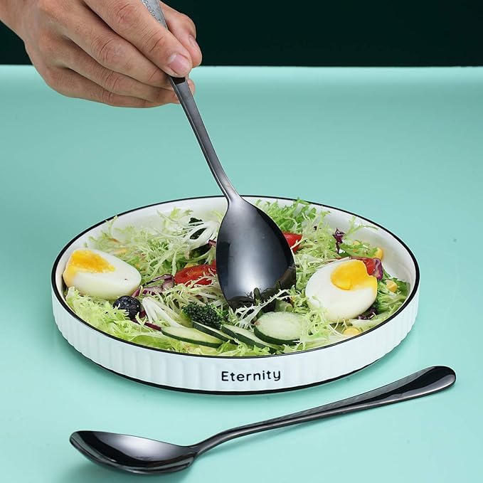 Berglander Stainless Steel Salad Server Set With Titanium Black Plating - Salad Servers, Spoon, Fork - Pack of 2 (Shiny Black)