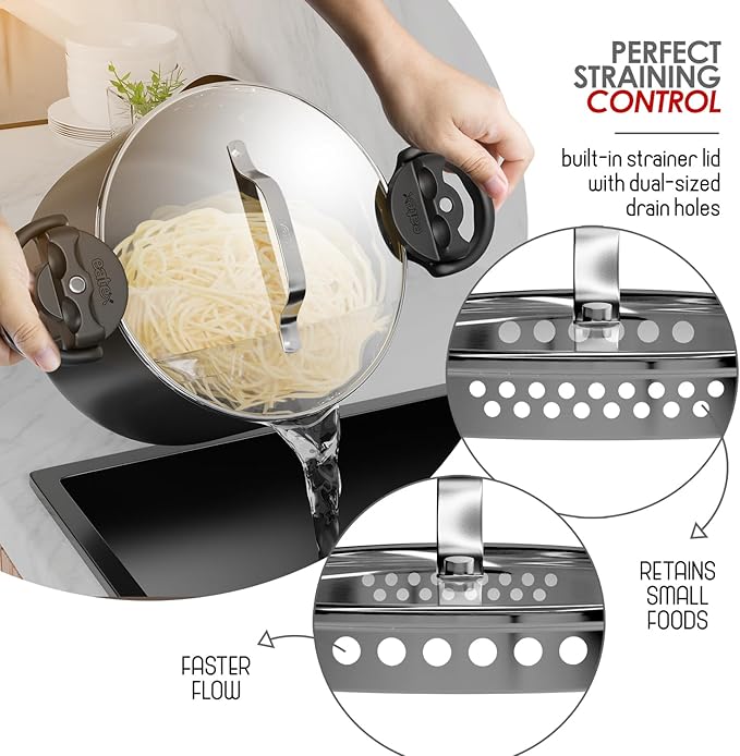 EATEX Pasta Pot with Strainer Lid - 5 Quart Multipurpose Stock Pot, Simmer Spaghetti Pot with Pasta Strainer Lid - Twist & Lock Handles, Nonstick Ceramic Stainless Steel Pot, Tempered Glass Lid Black