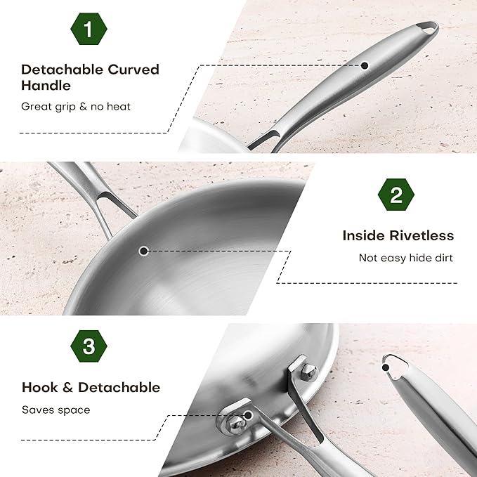 10 Inch Stainless Steel Frying Pan with Lid, Tri-Ply Healthy Stainless Steel Cookware, Pan, Skillet on Induction, Ceramic and Gas Cooktops, PFOA Free Cooking Pan, Dishwasher Safe