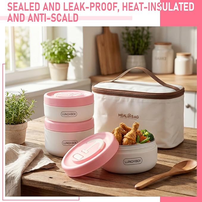 Dandat 4 Pcs Insulated Bento Box Portable Stainless Steel Food Container Round Stackable Leakproof Thermal Food Container for Adult Men Women with Insulated Bag, 74 oz (Pink)