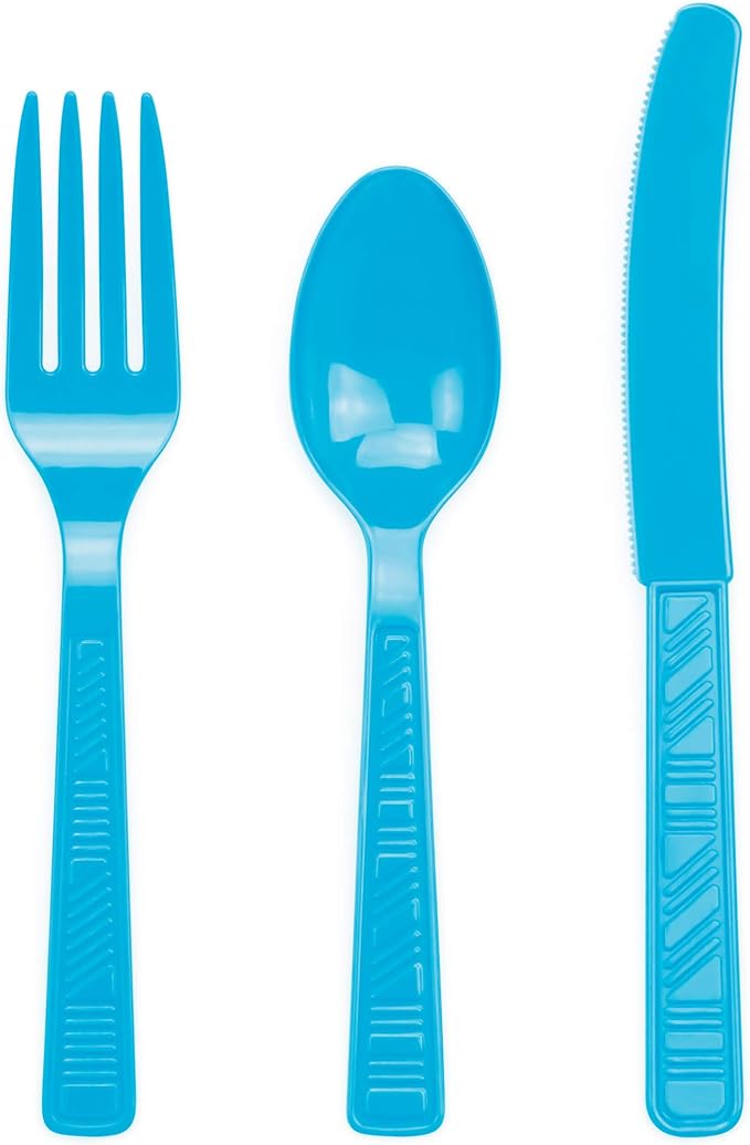 DecorRack Plastic Cutlery Set, Turquoise Colored Plastic Silverware Sets for Parties, 96 Piece Bulk Heavy Duty Utensils (Turquoise, 96 Pieces)