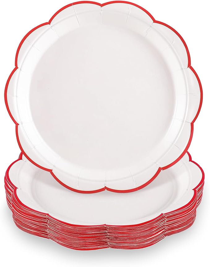 30 Pcs Red and White Paper Plates, 7 Inch White Plates with Red Trim Scalloped Paper Plate Disposable Dessert Cake Plate for Mother's Day, Baby Shower, Wedding, Bridal Shower