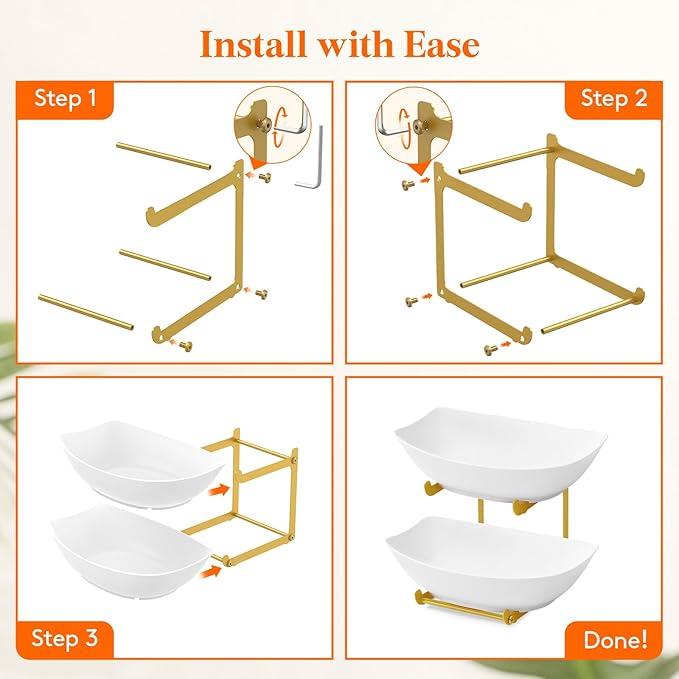 Lifewit Plastic Fruit Bowl for Kitchen Counter, 2 Tier Fruit Basket with Gold Metal Stand, Tiered Fruit Holder for Countertop Serving Tray for Vegetable/Dessert in Party 28 x 21 x 23cm/11 x 8.4 x 9