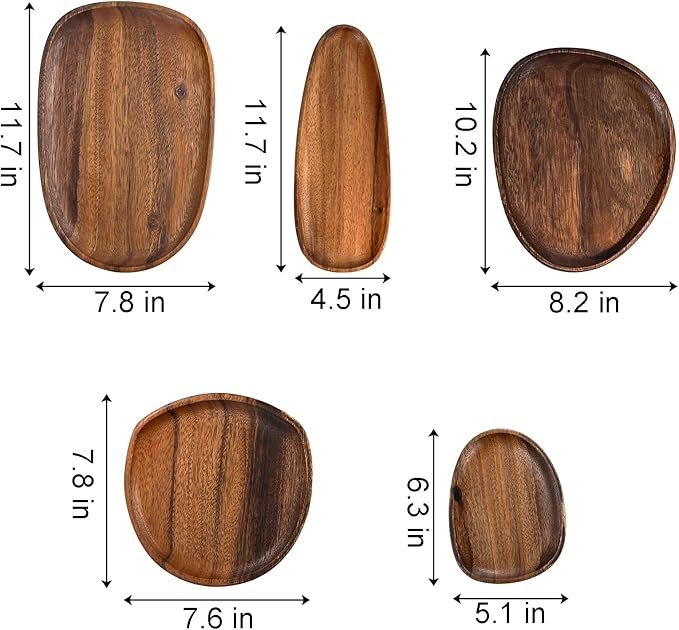 Okllen Set of 5 Acacia Wood Serving Platter and Trays, Irregular Oval Solid Wood Plates Serving Tray, Lightweight Wood Dinner Plates for Breakfast, Coffee, Tea, Snack, Plant, Housewarming Gift