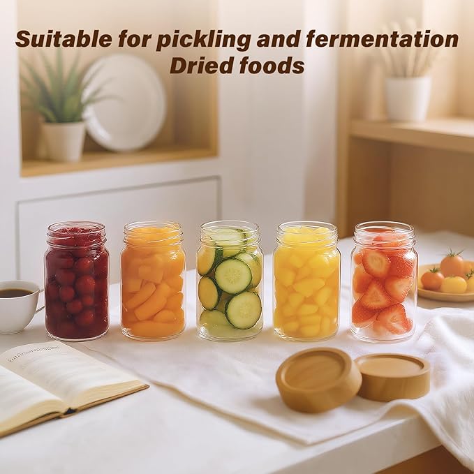 6pc 8 fl oz Glass Mason Jars with Acacia Wood Airtight Lids - Food Storage Container Set, Clear Stackable Leakproof Kitchen Canisters for Meal Prep/Snack Organization/Spice Storage