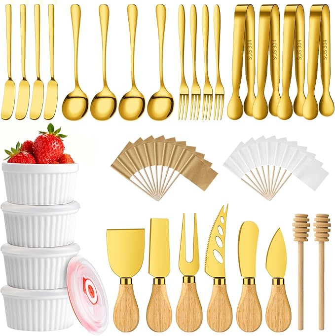 Gold Charcuterie Boards Accessories Bowls Utensils, Cheese Knife Set Mini Butter Spreader, Serving Tongs, Forks, Spoons, Dipping Bowls with Lids, Toothpick Flag, Honey Dippers for Party Platter Making