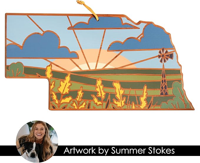 Totally Bamboo Nebraska State Shaped Cutting Board and Charcuterie Serving Platter with Artwork by Summer Stokes, Includes Hang Tie for Wall Display