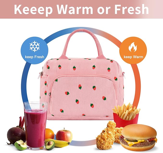 Lunch Box for Women Insulated Lunch Bag Women Adult Cute Lunch Bags Reusable Lunchbox Cooler Tote Bag for Work Picnic (Pink-Strawberry)