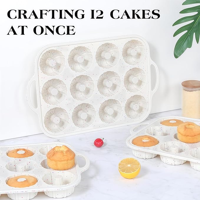 3 Inch Silicone Mini Fluted Tube Cake Pans with Metal Reinforced Frame, 12-Cavity Mini Flan Molds, Non-stick Silicone Baking Mold (2 Pc)