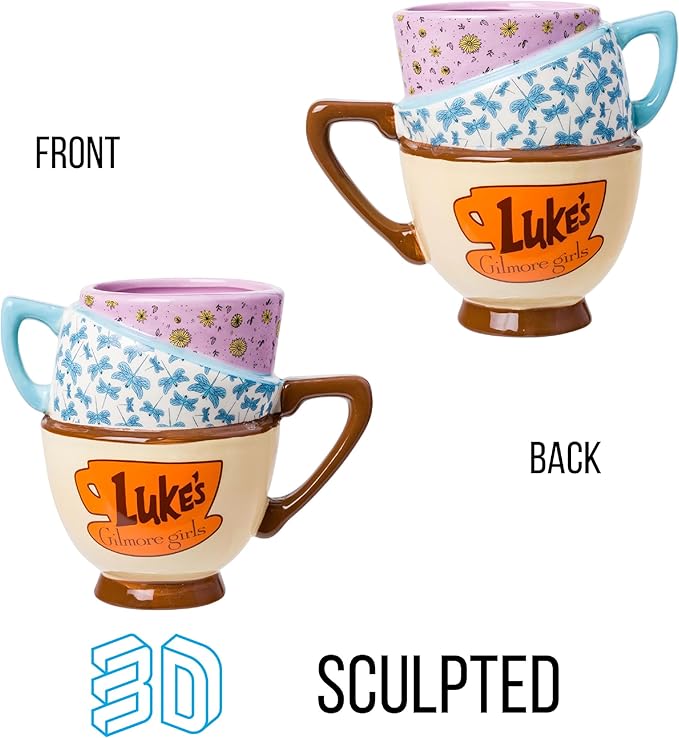 Silver Buffalo Gilmore Girls Stars Hollow Destination Locations: Luke’s Diner, Doose’s Market, and Dragonfly Inn Ceramic 3D Sculpted Stacked Teacup Mug, 20 Ounces