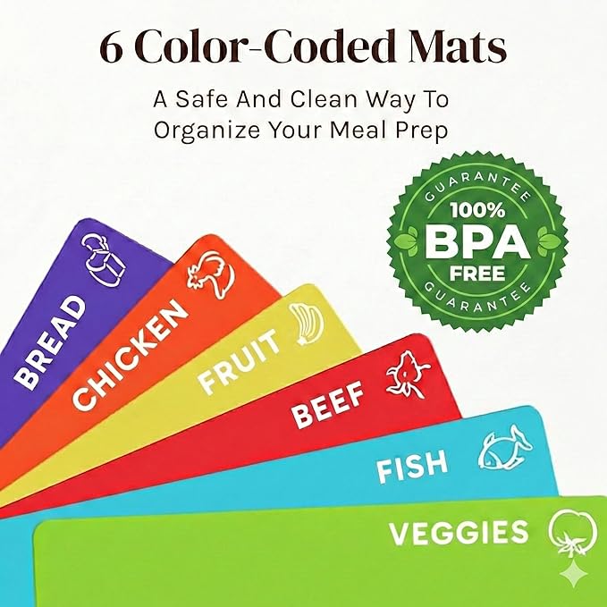 Cooler Kitchen Cutting Boards for Kitchen - Checkered Bamboo Cutting Board Set with 6 Color-Coded Flexible Chopping Mats, Easy Clean Wood and Dishwasher-Safe Plastic, Large 17x12, Knife-Friendly