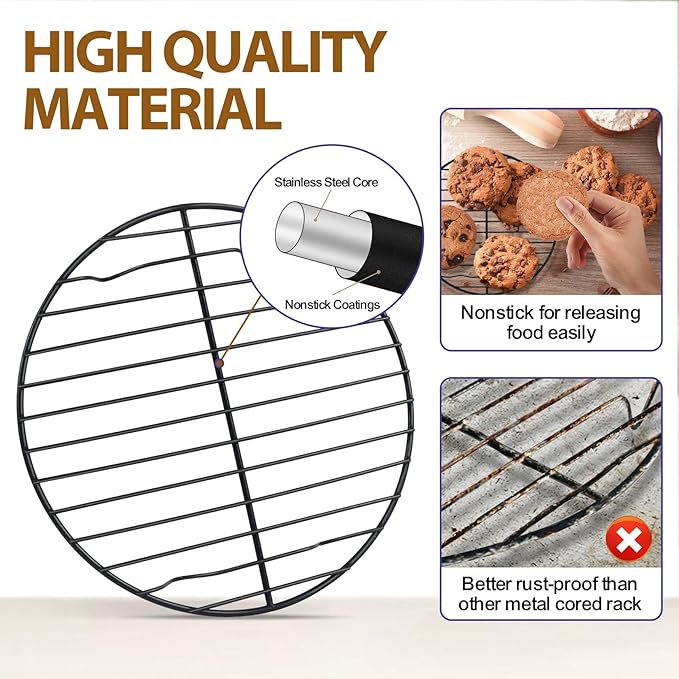 P&P CHEF Round Cooling Rack Set, Round Wire Racks for Cooking Baking, Fit Air Fryer & Oven, Stainless Steel Core with Nonstick Coatings, Black, 6 PCS - 7.5 & 9 & 10.5 Inch