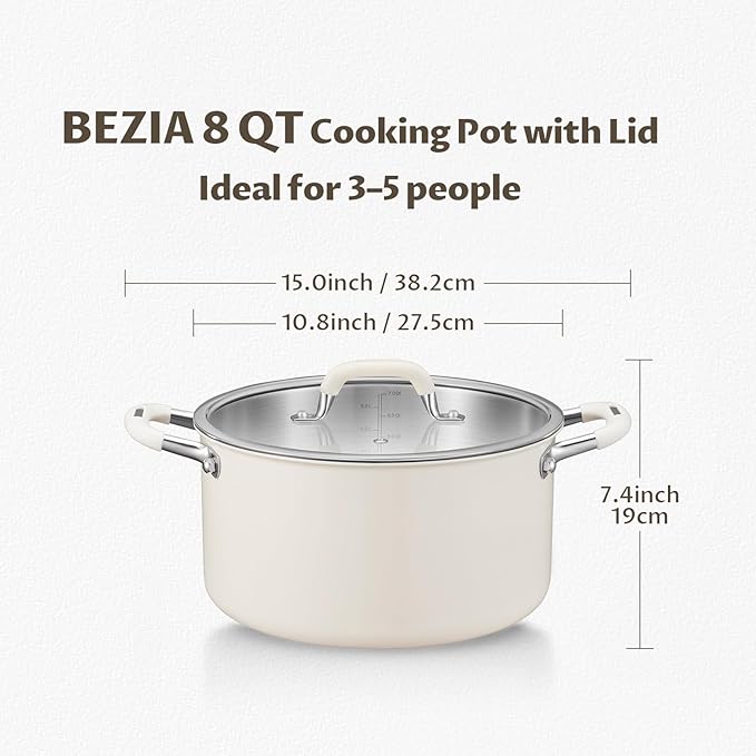 8 Quart Nonstick Stock Pot with Lid, BEZIA Fully-Clad 3-Ply Stainless Steel Pots, Induction Soup Pot with Lid, Kitchen Cooking Pots with Silicone Handle, for All Cooktops, Free of PTFE/PFOA/PFOS