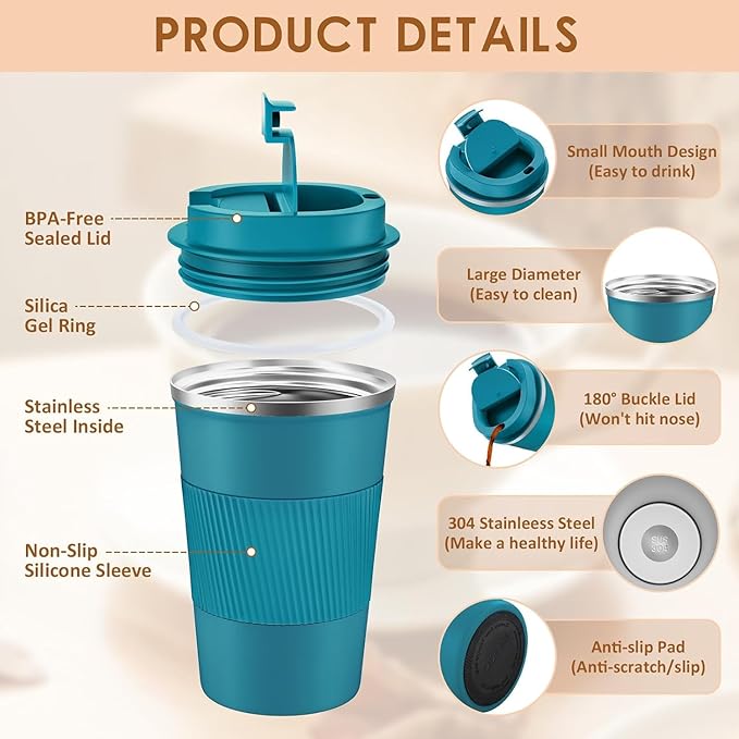 KETIEE Travel Coffee Mug 12oz: Insulated Coffee Cup with Leakproof Lid, Coffee Tumbler, Vacuum Stainless Steel Reusable Coffee Cups, Coffee Mug to Go for Hot/Iced Water (Blue)