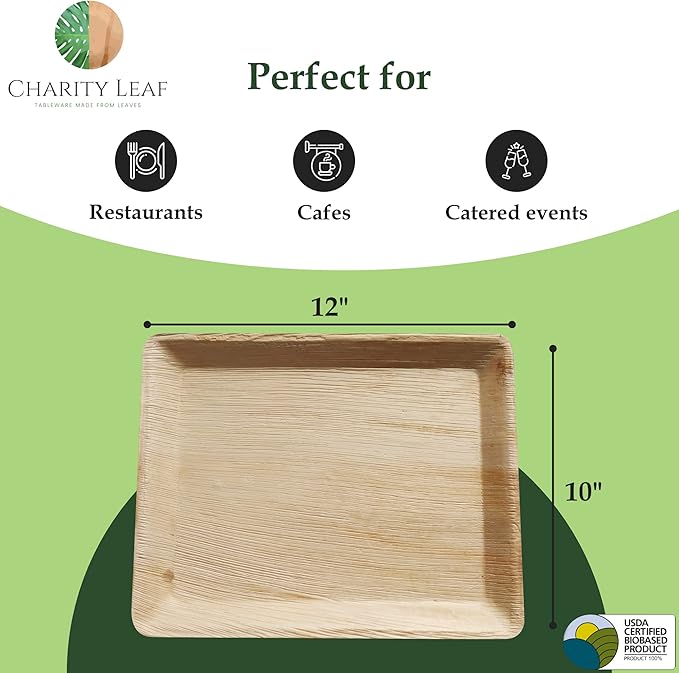 Charity Leaf Disposable Palm Leaf 12" x 10" Trays (25 pieces) Bamboo Like Serving Platters, Disposable Boards, Eco-Friendly Dinnerware For Weddings, Catering, Events