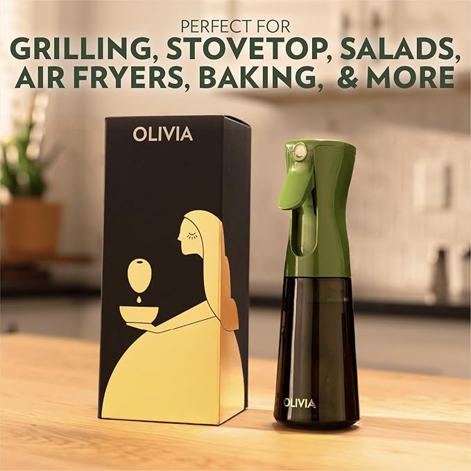 FLAIROSOL OLIVIA Oil Sprayer for Cooking, 200ml Glass Olive Oil Sprayer, Continuous Cooking Spray with Portion Control, Oil Dispenser for Kitchen, Air Fryer, Salad, BBQ (Green Bottle, Gold Print)