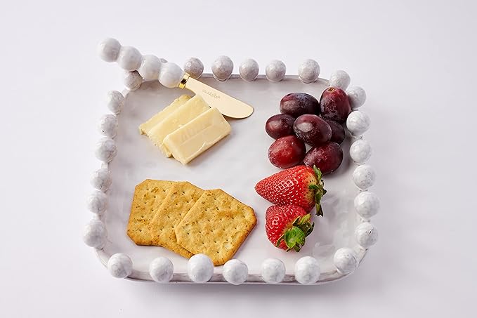 Mud Pie Beaded Boxed Cheese Set, Plate 9" x 9" | Spreader 6 1/2", White