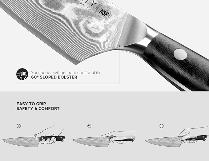 Damascus Chef Knife: 8-inch Razor-Sharp Japanese Chef Knife with VG10 Steel Core, Full Tang G10 Handle, NSF Food-Safe Professional Kitchen Knife with Sheath, Knife for Men