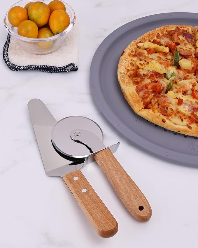 Pizza Wheel Cutter and Pie Server, Pizza Spatula Wtih Wood Handle, Nonstick Stainless Steel Pizza Cutter Wheel With Sharp Blade