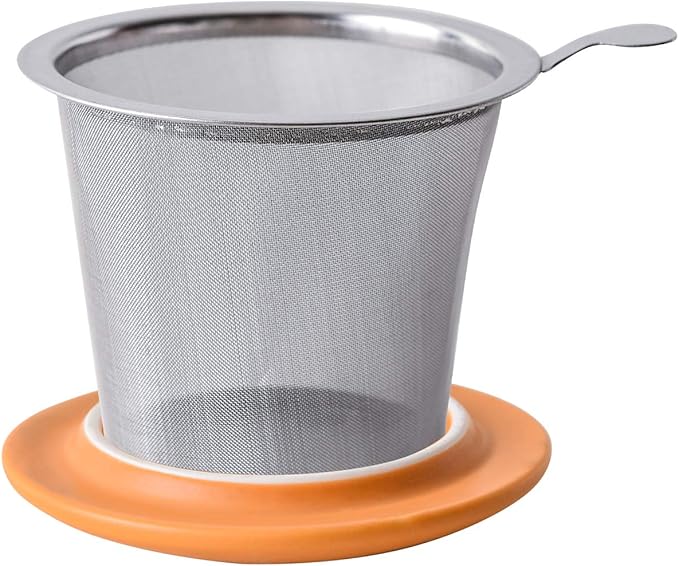 Yundu 12 OZ Matte Yellow Ceramics Teacup with Infuser and Lid, Mug with Lid for Steeping - Stainless Steel Infuser for Loose Leaf Tea, Home Office Gift for Tea Lovers