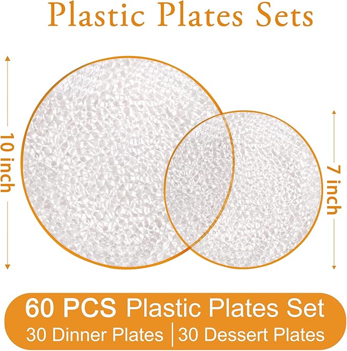 Rubtlamp 60PCS Plastic Orange Plates, Clear Disposable Plates With Orange Rim, Heavy Duty Hammered Plate, Easter Party Platos Include 30Orange Dinner Platos,30Clear Dessert Plate for Spring