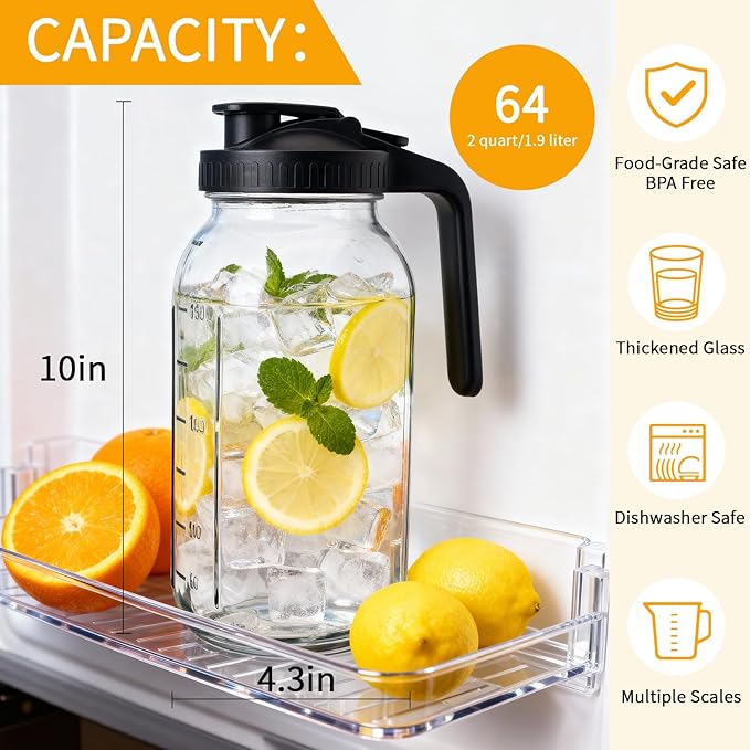 3 Pack 64oz Mason Jar Pitcher with Lid – Wide Mouth, Leakproof Glass Water Jug, Breast Milk Pitcher for Juice, Milk, Tea, Cold Brew Coffee（2 black &1 gary）