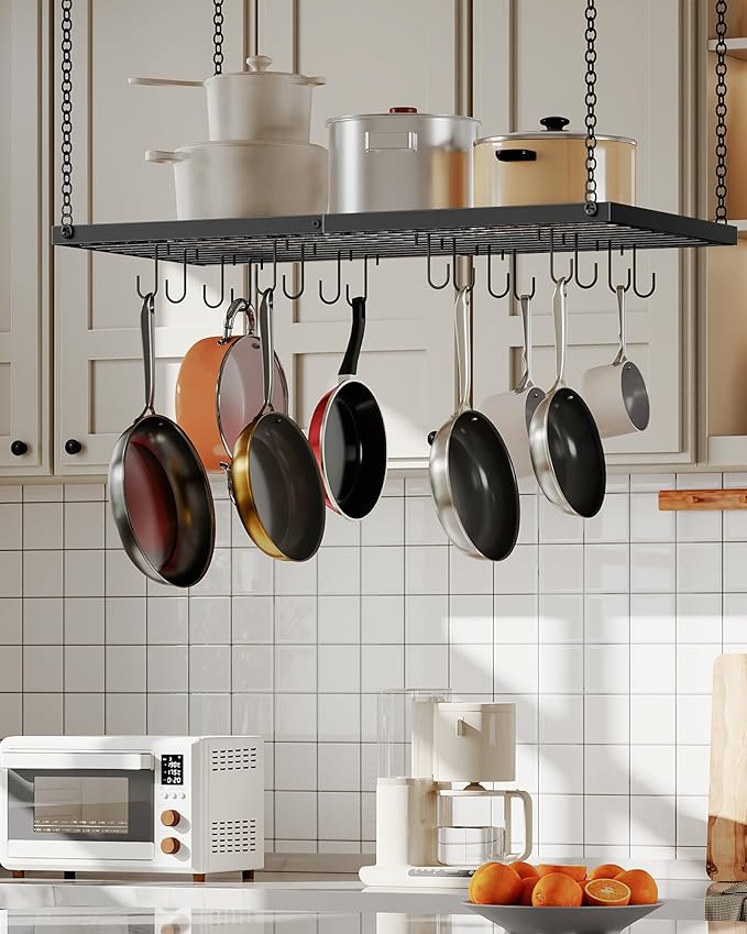 Hanging Pot Rack, Ceiling Mounted Pot Hanger for Kitchen, Metal Cookware Storage Organizer with 12 Hooks, for Storage of Cookware, Utensils in Kitchen, Black TPR31BB