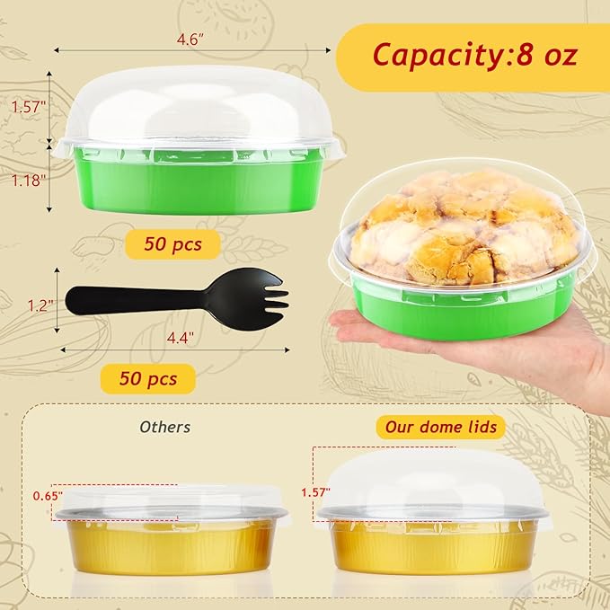 LNYZQUS 8oz Mini Cake Pans with Dome Lids 50 Pack, 4” Aluminum Pans Small Pie Tins Ramekins,Disposable Small Tart Baking Cups Individual Cake Tins Creme Brulee Contaniers-Green