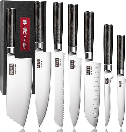 MDHAND Kitchen Knife Set, 7PCS Professional Japanese Knife Set, High Carbon Stainless Steel Chef Knife Set with Black Pakkawood Handle, Professional Ultra Sharp Kitchen Knives for Cooking, Elegant Box